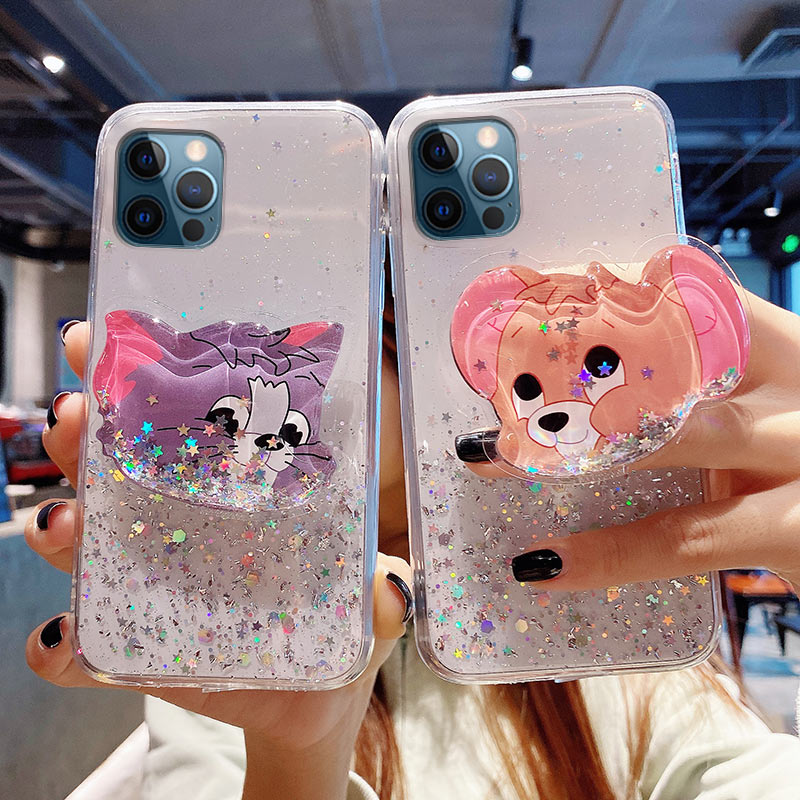 Ốp lưng iPhone 12 mini 11 Pro X XS XR Max 6 6S 7 8 Plus SE 2020 3D Sequin Glitter Cat And Mouse Flowing Silver Foil Holder Soft Case