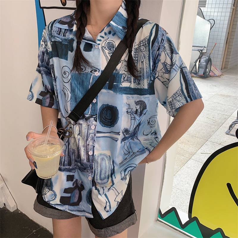 Áo sơ mi SUXI tay ngắn dáng rộng in họa tiết phong cách cổ điển cho nữ