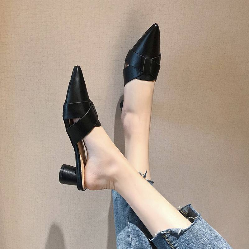 Giày Muller Da Mềm Gót Dày Mũi Nhọn Thời Trang Hè Thu Sành Điệu