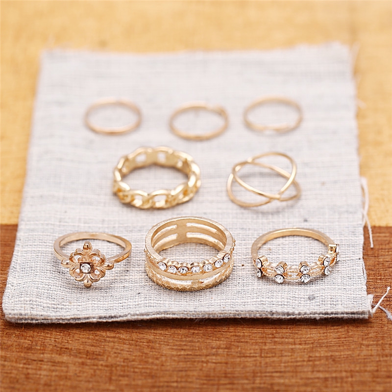 Set nhẫn đeo tay kim loại đính đá phong cách vintage cho nữ