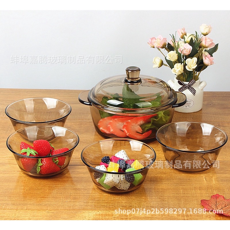 bộ 5 âu nồi thủy tinh chịu nhiệt phong cách châu âu , màu hổ phách cho nhà bếp chum NB03 C8