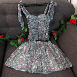 Set hoa áo dây cột nơ quần váy xoè