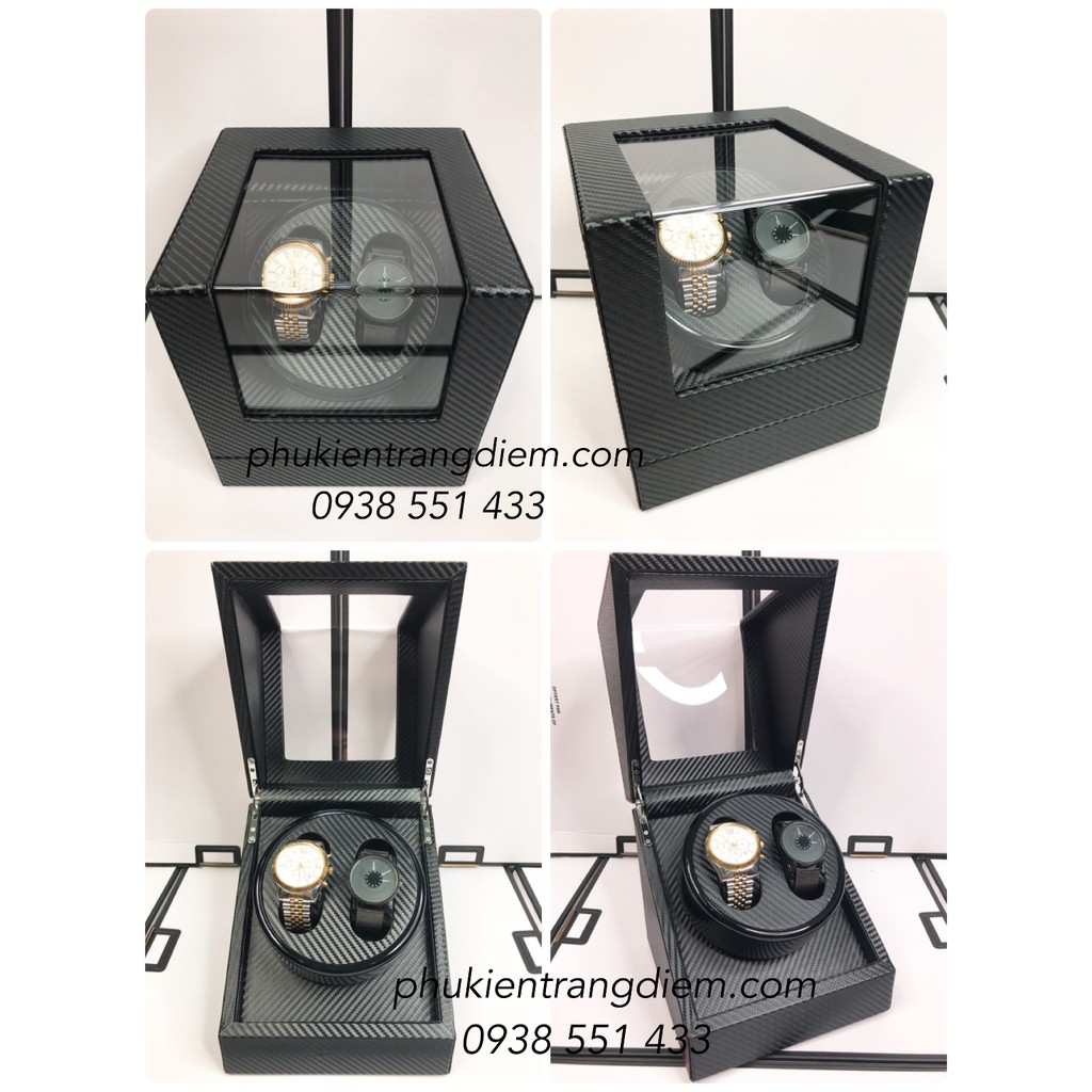 Hộp Xoay Đồng Hồ Cơ 2 Ngăn Da Cacbon [BH 2 Năm]