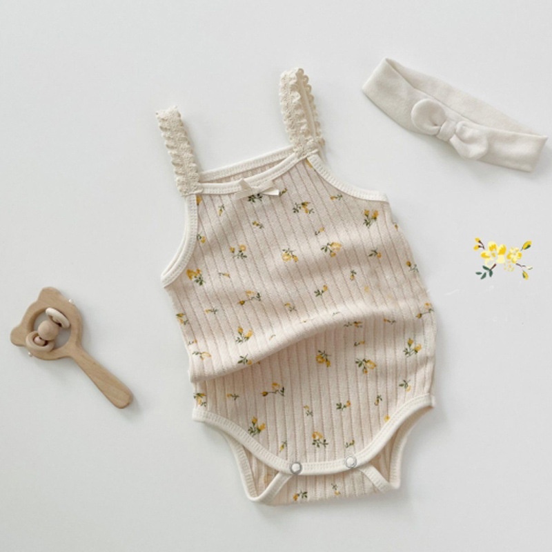 Bộ Áo Liền Quần Sát Nách Vải Cotton Mềm In Hoa Nhỏ Dễ Thương Cho Bé Sơ Sinh