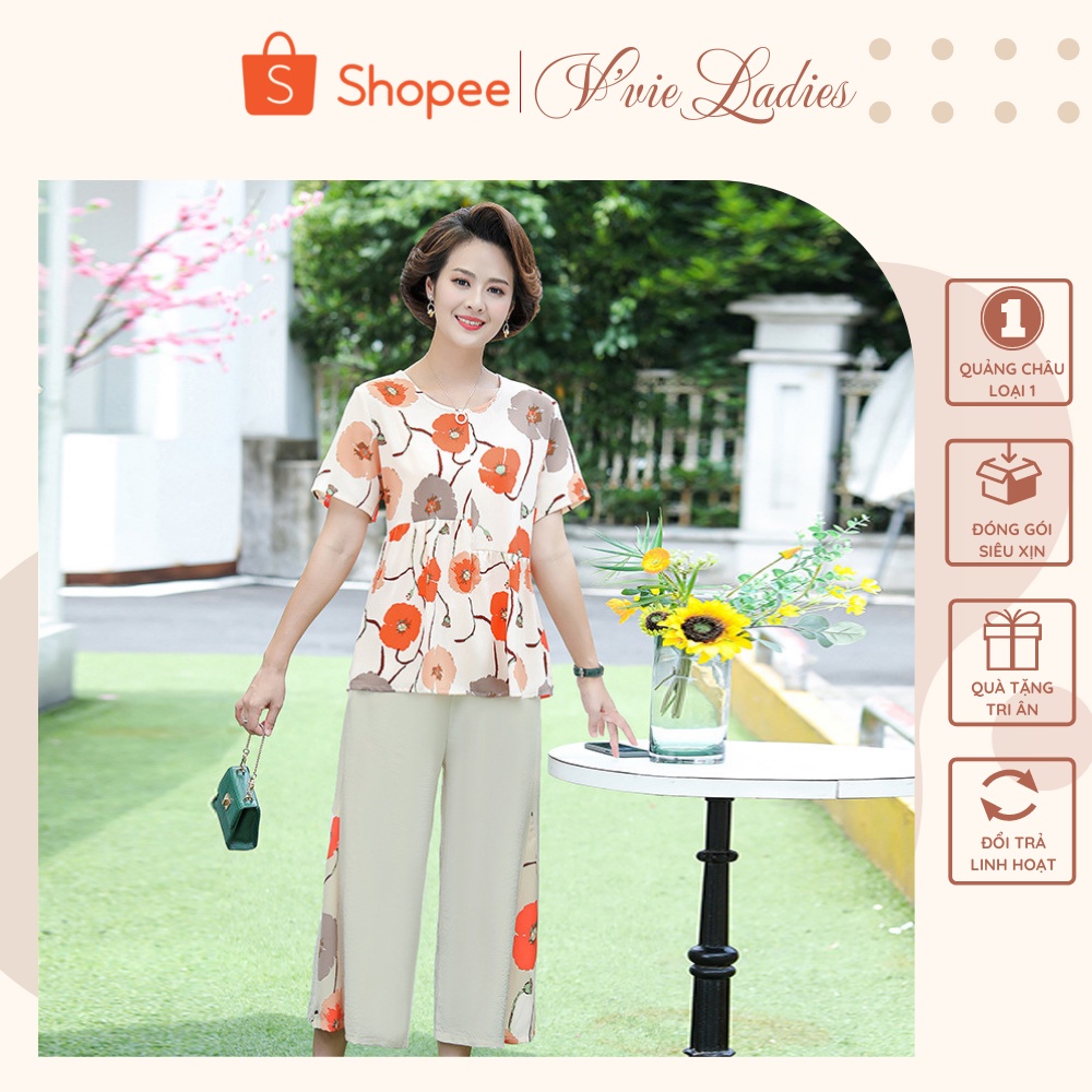 Đồ bộ nữ trung niên - Áo voan phi lụa họa tiết hoa, Quần vải lanh ống rộng 2 màu cam/vàng V'vie Ladies