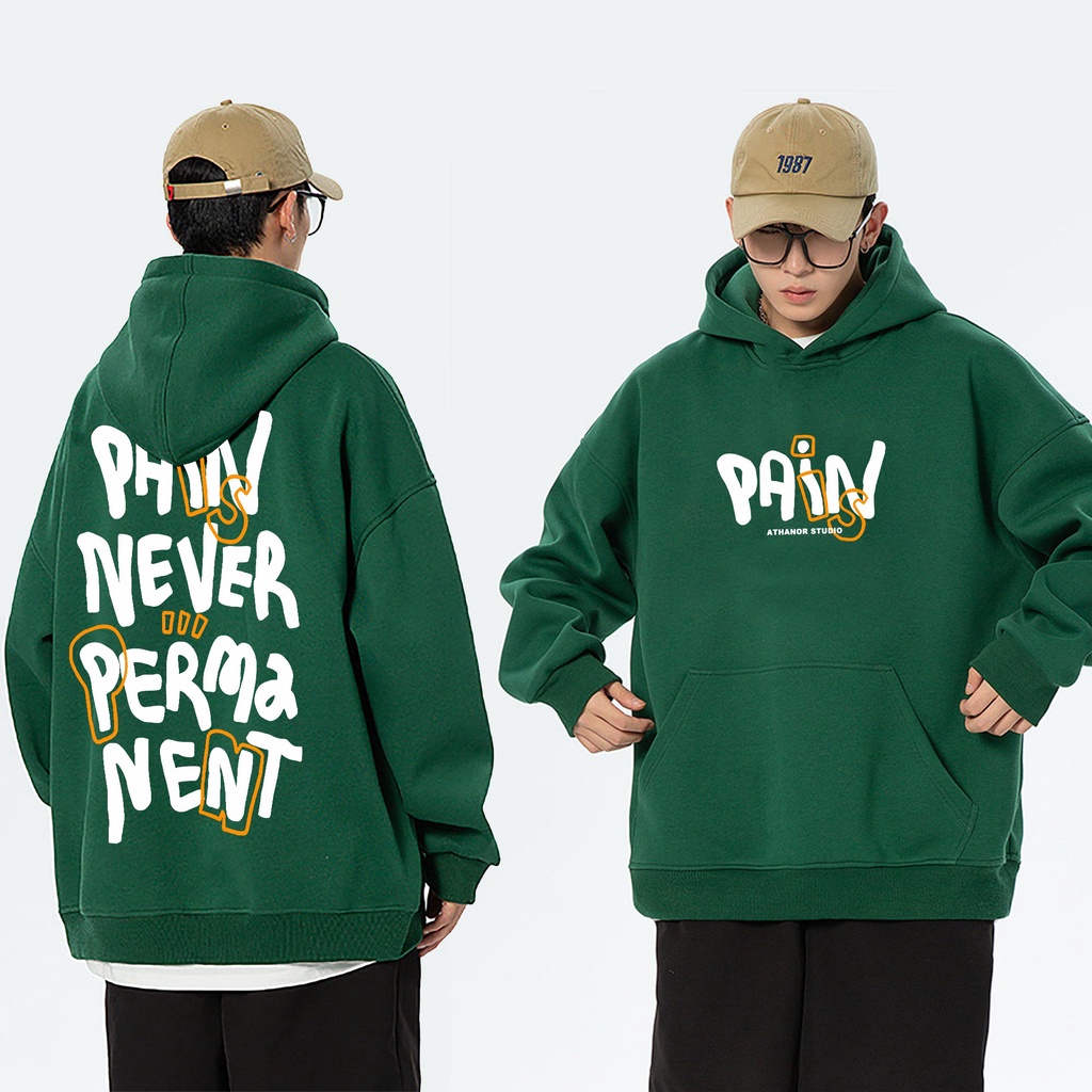 Áo hoodie ATHANOR chất nỉ bông 100%cotton premium form rộng tay bồng mẫu Pain màu đen và xanh lá