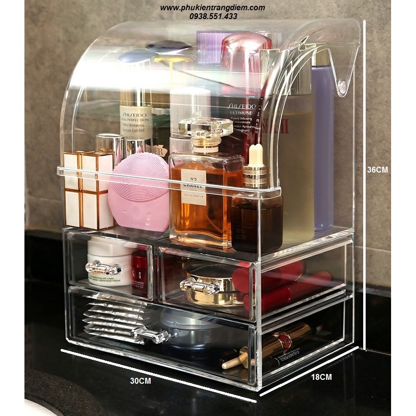 [Cao 38CM] Tủ Kệ Trang Điểm Để Mỹ Phẩm, Nước Hoa 3 Tầng Nắp Tròn Trong Suốt Chống Bụi Cao Cấp Sang Trọng