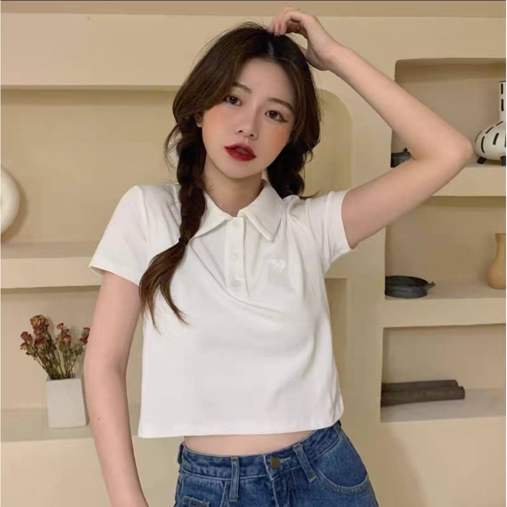 CROP POLO BASIC THÊU TIM