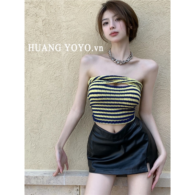 HUANG YOYO Áo Dệt Kim Dáng Ngắn Họa Tiết Kẻ Sọc Phong Cách Hàn Quốc Thời Trang Cho Nữ