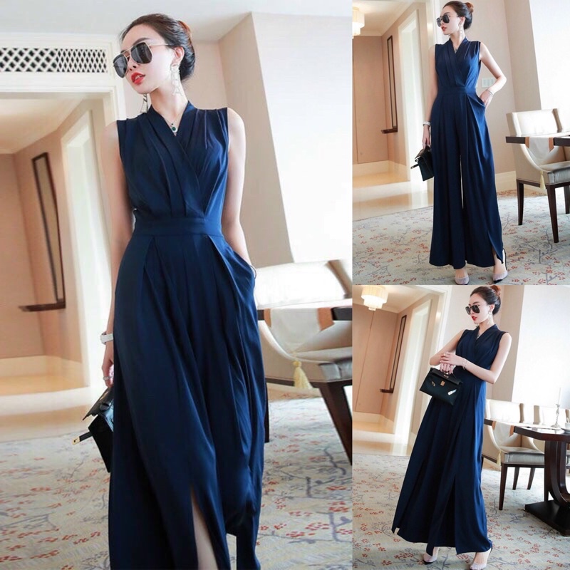 Jumpsuit dài xẻ tà cổ V