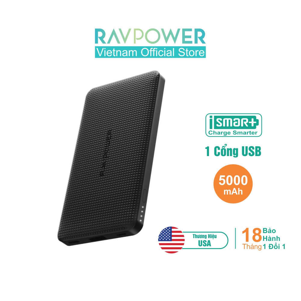 [Mã BMBAU50 giảm 7% đơn 99K] Pin Sạc Dự Phòng RAVPower 5000mAh Công nghệ iSmart, Thiết Kế Mỏng Nhẹ RP-PB093