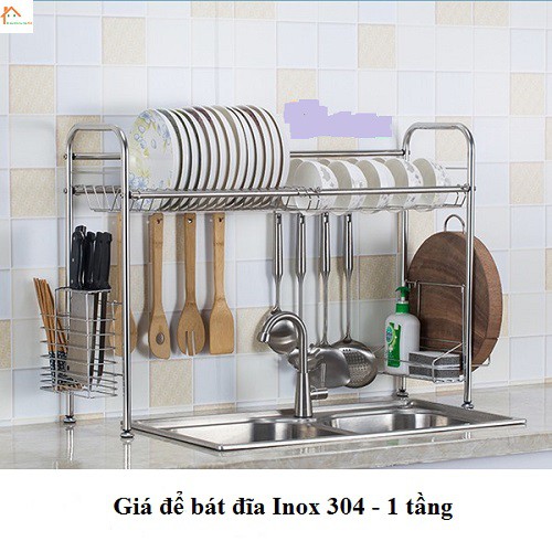 Giá Kệ Bát Đĩa 1 tầng Inox 304 treo tường tặng KÈM giá để dao, thìa, đũa, giá để thớt ( MIỄN PHÍ SHIP)