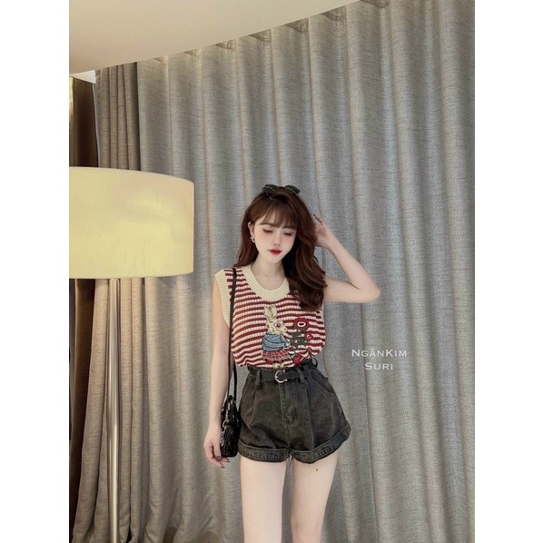 Áo len lưới thỏ thêu, len lưới thoáng mát, dáng len sát nách tanktop