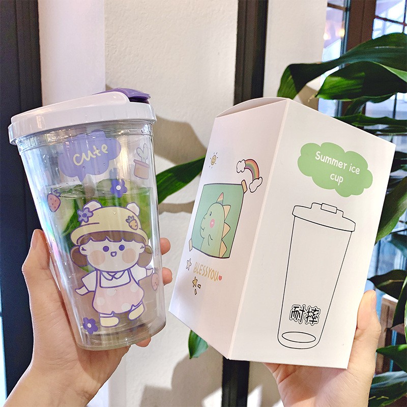 Cốc Nhựa 2 Lớp Uống Trà Sữa Kèm Ống Hút Trendy
