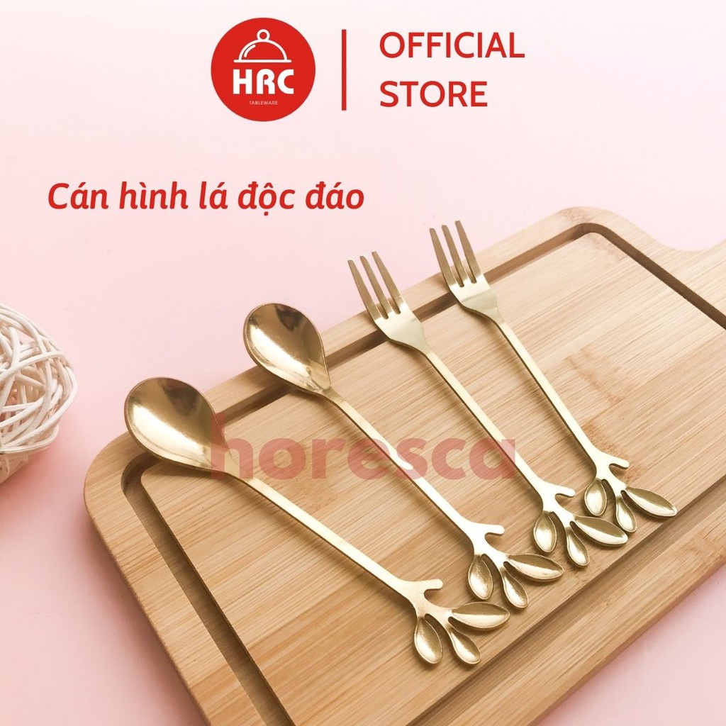 Thìa Nĩa ăn inox 304 cao cấp mạ vàng sang trọng Muỗng Dĩa cán hình lá độc đáo