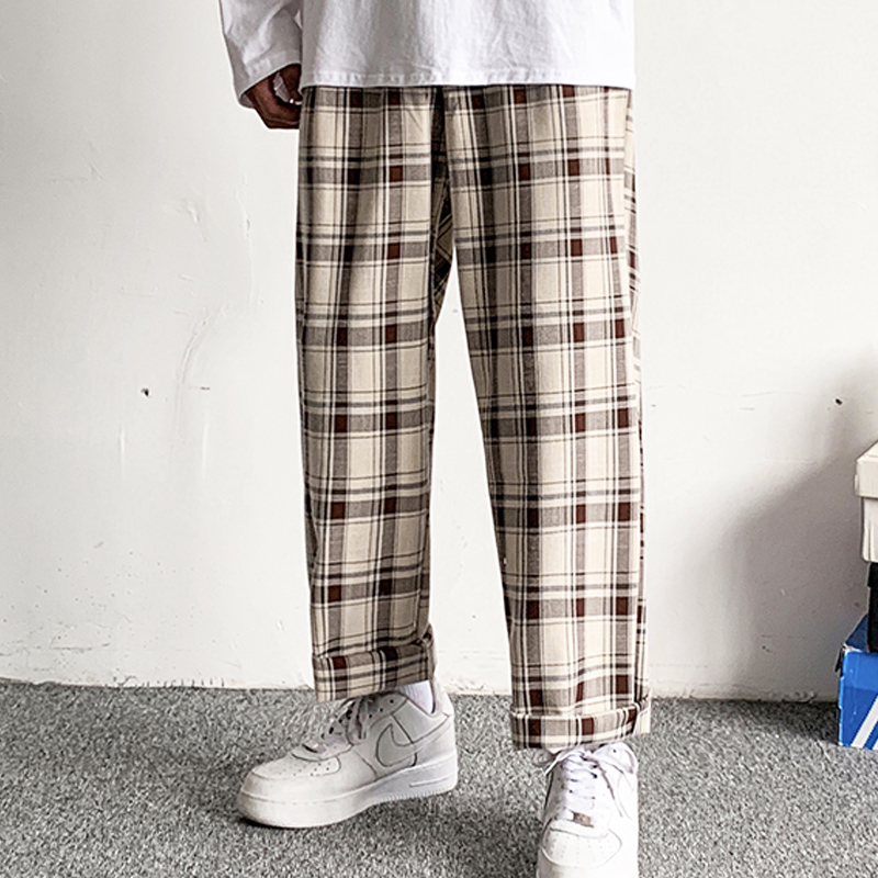 Plaid Trousers Korean Baggy Pants Casual Plaid Pant Men Fashion Straight Trourse Unisex Vintage Checkered Loose Pants Man