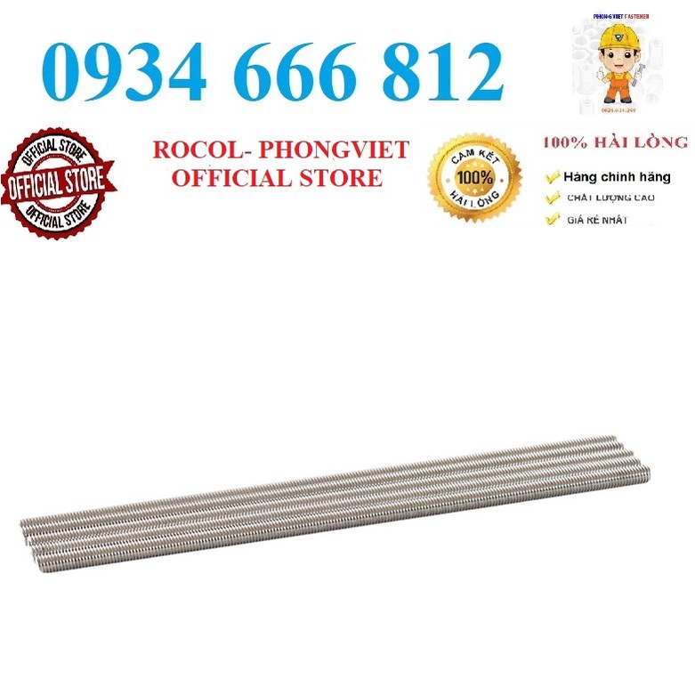 1m Thanh ren inox304 M4, M5, M6, M8, M10,M12