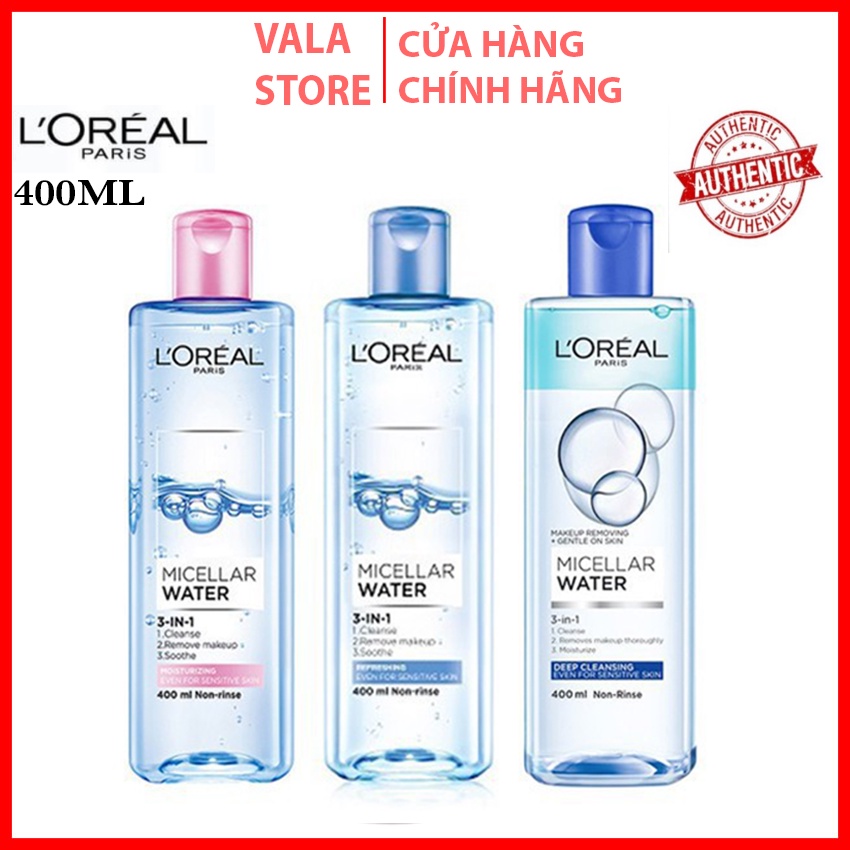 Nước tẩy trang L'Oreal Paris 3-in-1 Micellar Water 400ml, Nước tẩy trang cho mọi loại da, dịu nhẹ, se khít lỗ chân lông