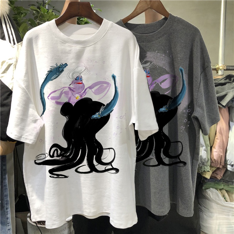 Disney nàng tiên cá Old Witch Octopus Ursula Dark O-cổ ngắn tay lỏng lẻo Oversized Casual Casual Harajuku Áo thun nữ