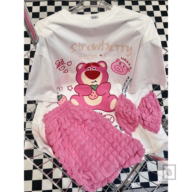 (Free Ship) SÉT BỘ ÁO THUN COTTON IN HÌNH GẤU DỄ THƯƠNG PHỐI QUẦN XỐP Ô VUÔNG CỰC HOT UP Shop VLTN