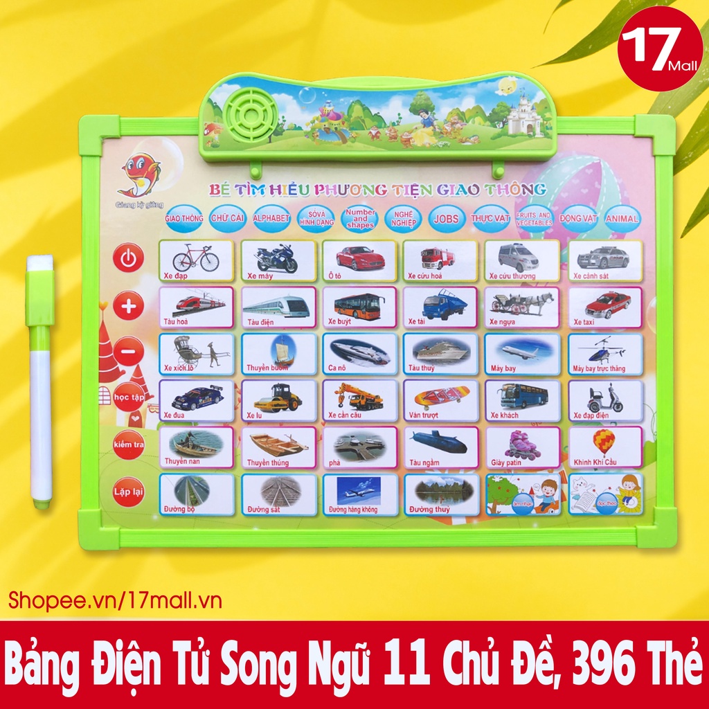 Bảng chữ cái điện tử song ngữ 11 chủ đề, 396 thẻ, 1 mặt bảng trắng viết bút xóa được, có chế độ kiểm tra bài cho bé
