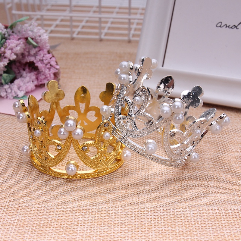 [Ship Now] Vương Miện Ngọc Trai Nhỏ Bằng Kim Loại Trang Trí Bánh Kem Sinh Nhật / Bánh Cưới