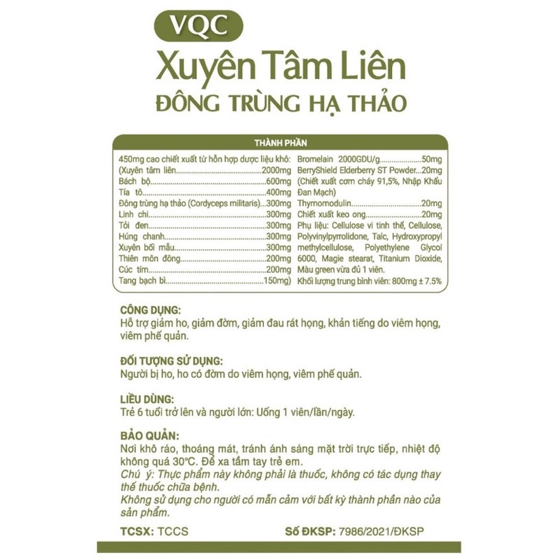 Thực phẩm hỗ trợ sức khỏe VQC Xuyên tâm liên đông trùng hạ thảo