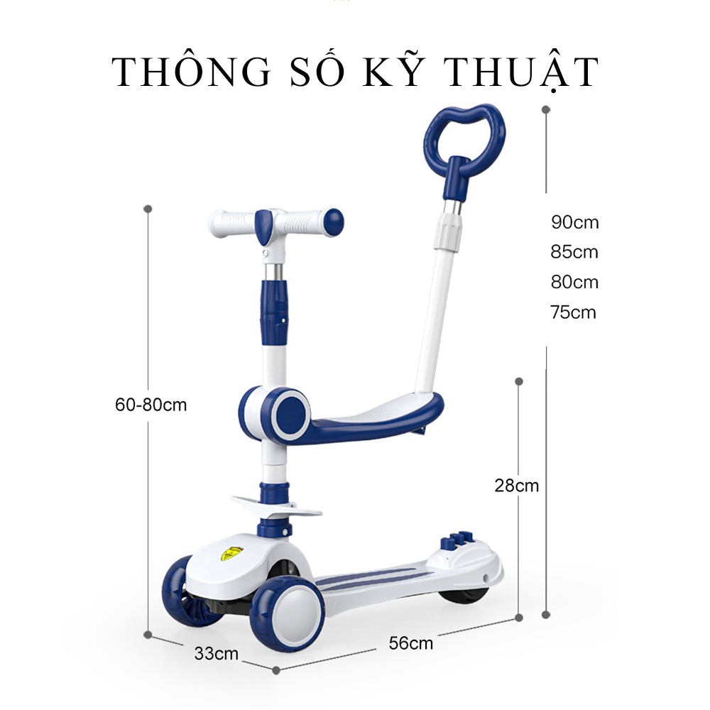 Xe trượt scooter cho bé, xe chòi chân bản siêu cấp tích hợp ghế ngồi,đèn led có nhạc và tay đẩy điều chỉnh độ cao cho bé