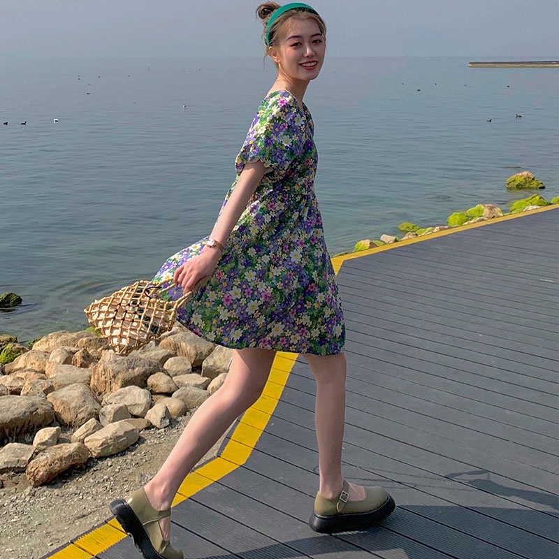 Đầm công chúa dáng rộng họa tiết hoa nhiều màu sắc thời trang mùa hè Hàn Quốc cho nữ