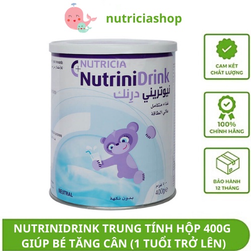 Sữa bột Nutrinidrink Hộp 400gram vị vani, trung tính - Sữa cao năng lượng cho trẻ biếng ăn và suy dinh dưỡng