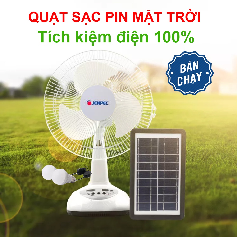 Quạt sạc nặng lượng mặt trời tích điện có 2 bóng tặng kèm không tốn điện Jenpec sản phẩm HOT 2022