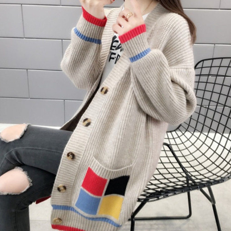 Áo Khoác Dệt Kim Tay Dài Màu Sắc Tương Phản Phong Cách Hàn Quốc Thời Trang Mùa Thu Cho Nữ