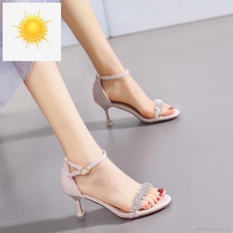 Giày Cao Gót 5cm Quai Ngang Trong Suốt Đính Đá Thời Trang Cho Nữ