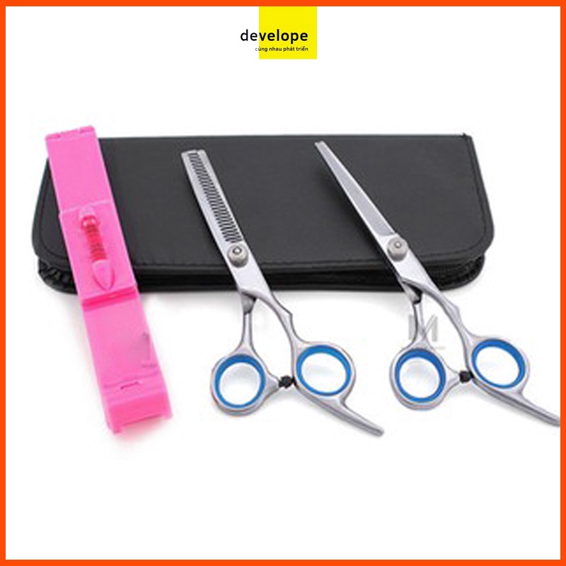 Combo 2 kéo cắt và tỉa + Hộp đựng + kẹp đo cắt tóc mái (Quoay xanh)