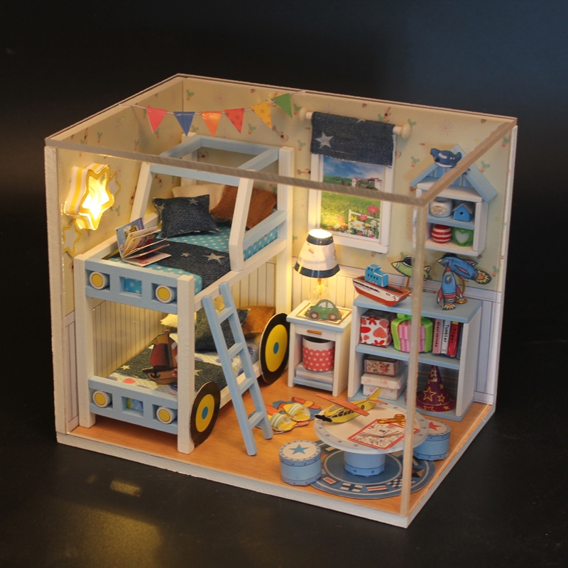 đồ chơi lắp ráp nhà búp bê mô hình phòng ngủ giường 2 tầng  của Charles thu nhỏ M019 có đèn và kèm kiếng chống bụi