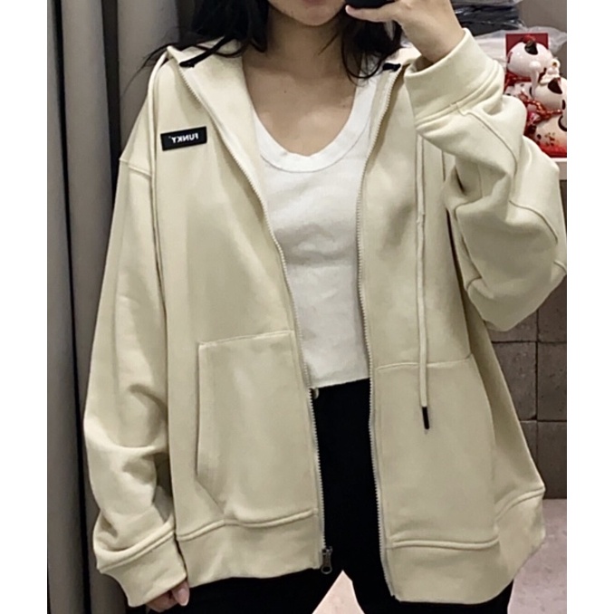ÁO KHOÁC HOODIE ZIP NAM NỮ CÓ MŨ RỘNG UNISEX MÀU CREAM FUNKY