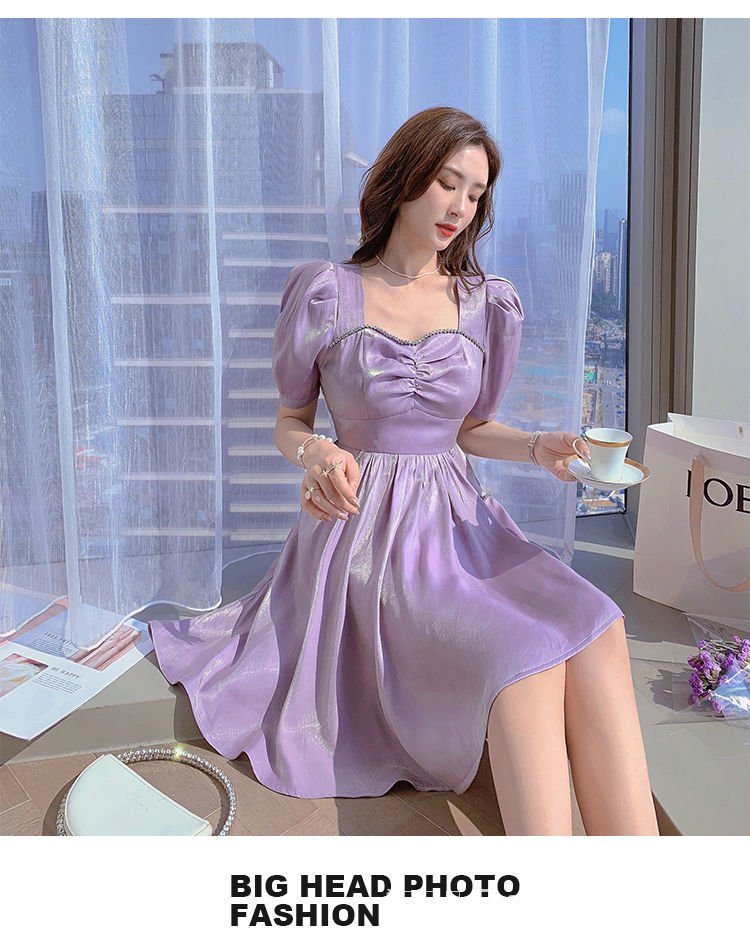 Puff Sleeve Dress Elegant Cocktail Party Birthday Dress Luxury Fairy Silk Dress Purple Violet Dress Short Long Maxi Dress