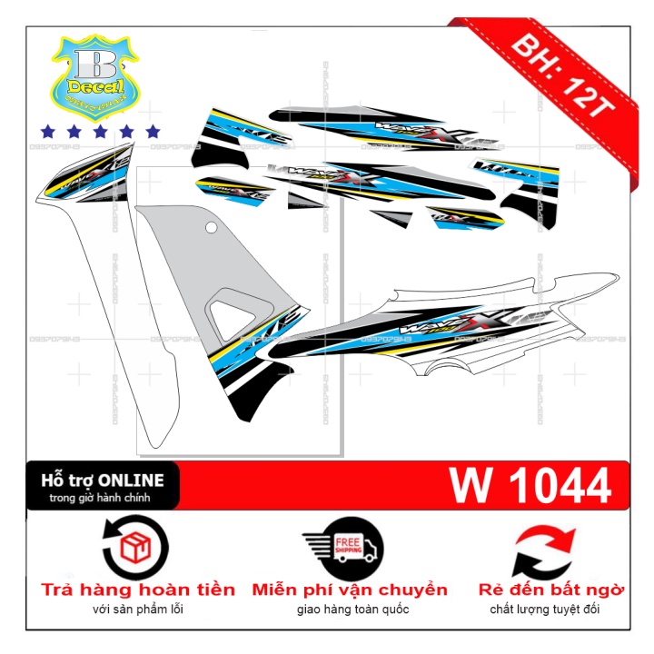 ( Quí khách vui lòng mang ra tiệm cho thợ dán ) Tem wave X 100 2016 trắng xanh