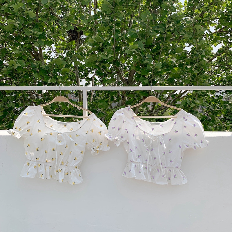 SUXI Áo Sơ Mi Tay Phồng Thêu Hoa Xinh Xắn Cho Nữ