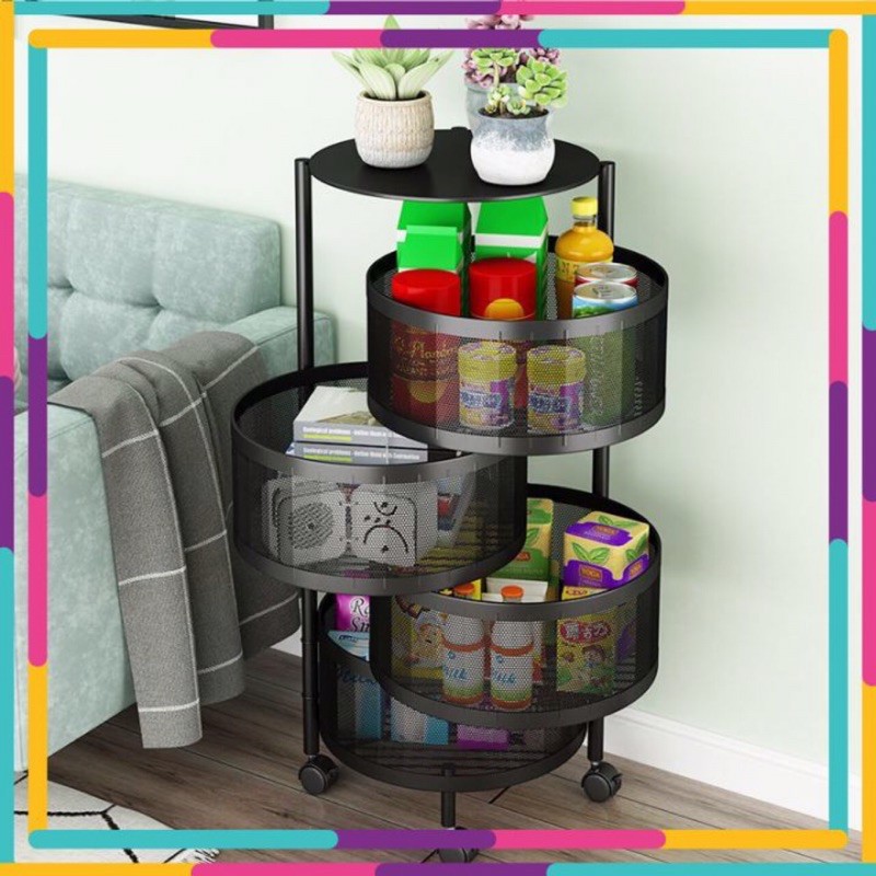 kệ tròn 4 tầng đa năng, kệ tròn đựng vật dụng tiện lợi có bánh xe