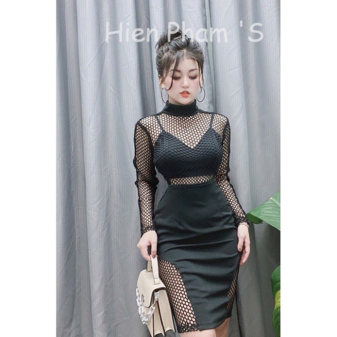 ✔️hienphamstore✔️ Combo đầm tay lưới + áo lót 2 dây, dài tay, váy phối lưới cổ lọ - DN99572