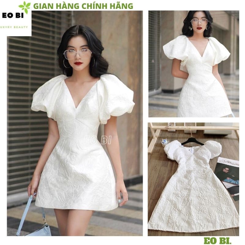 Váy gấm xốp cổ v tay bồng kiểu dáng hàn quốc tiểu thư bánh bèo dễ thương sang chảnh đầm dự tiệc công chúa -EOBI