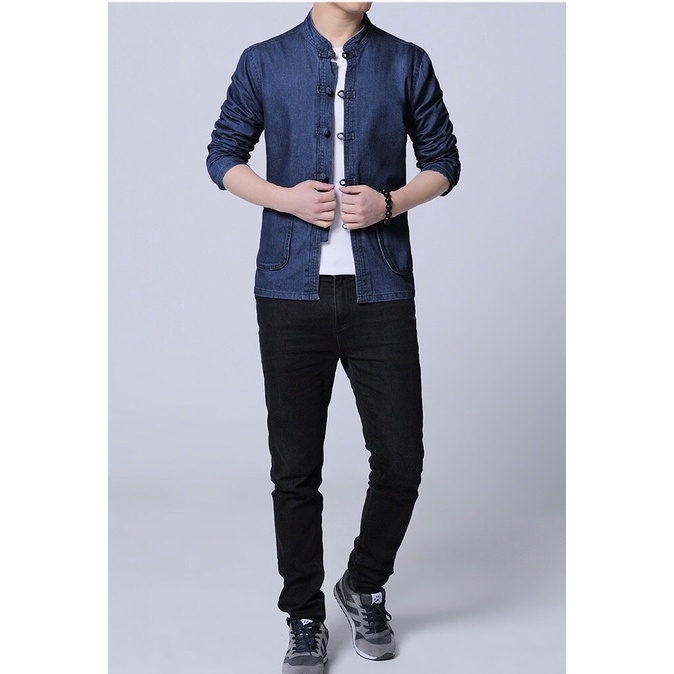 Áo Jean cổ tàu, áo jean nam, khoác jean nam chất jean mềm co dãn, xu hướng thời trang mới 2022