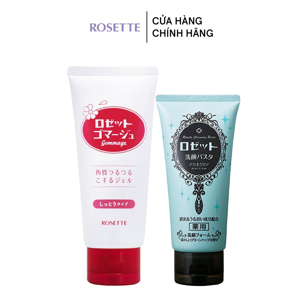 Bộ Sữa Rửa Mặt Làm Giảm Mụn Rosette Pasta Acne Clear 120g và Tẩy Tế Bào Chết Dành Cho Da Khô Rosette Gommage Moist 180g