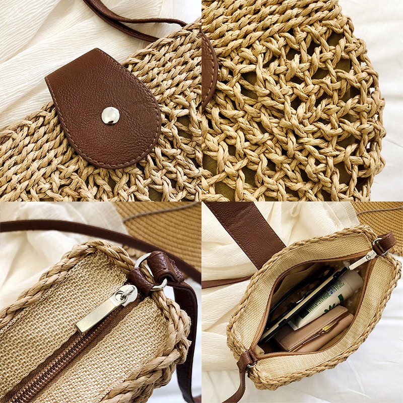 Labonia-Túi cói hình bán nguyệt đi biển dễ thương