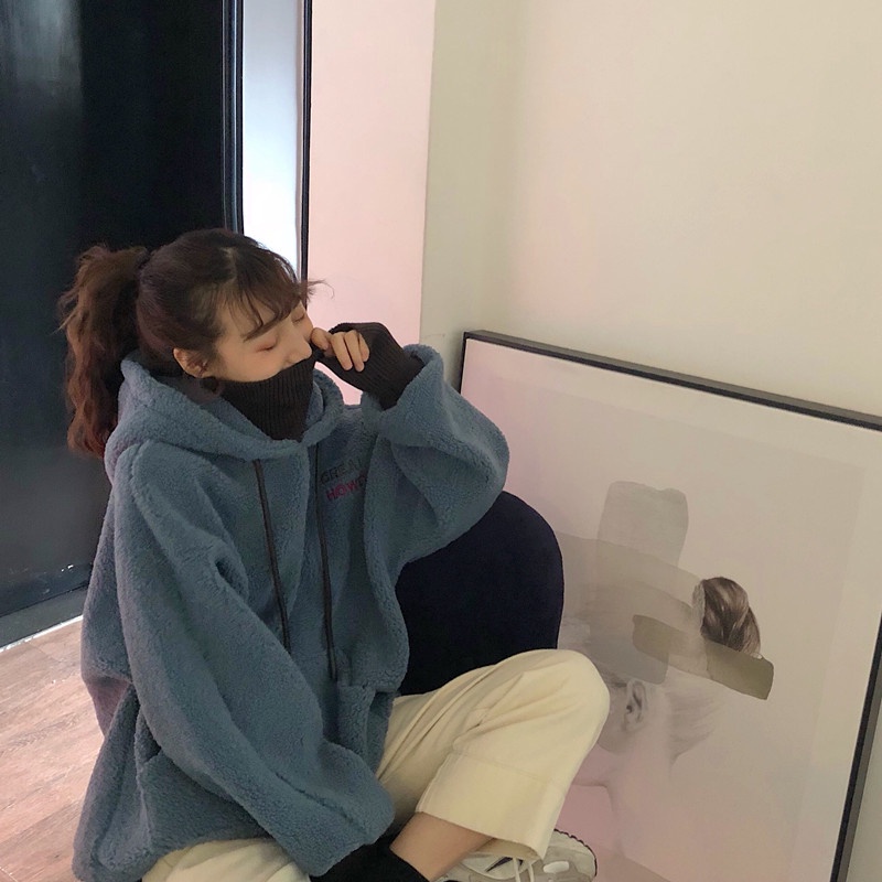 Áo len lông cừu cổ cao dáng rộng mùa đông thời trang dành cho n