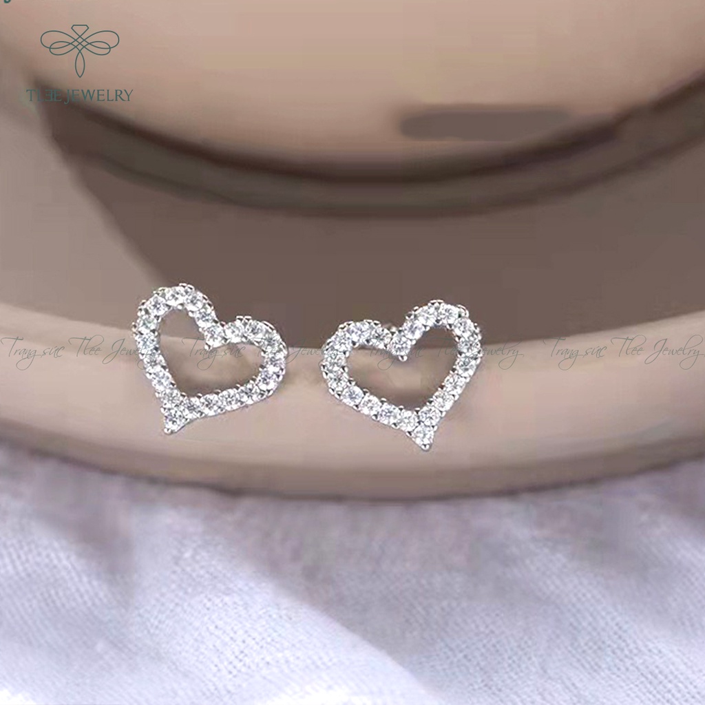 Khuyên tai bạc nữ TLEE tim rỗng nạm đá nhỏ viền lấp lánh NCJ B0198