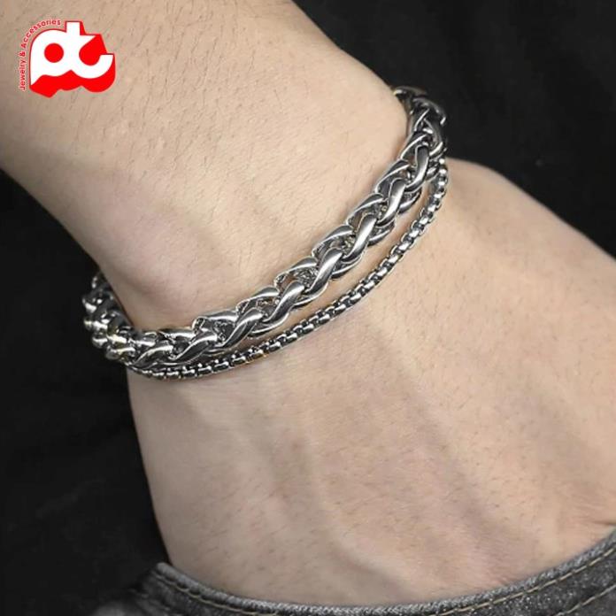 Lắc tay nam titan cao cấp rẻ đẹp sợi dừa thời trang 2 sợi cá tính thép không gỉ PT JEWELRY màu trắng PTLTNA09
