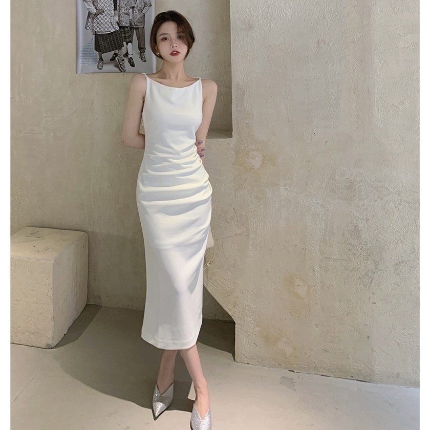 Đầm liền thân trắng hai dây trắng thanh lịch dự tiệc phong cách Hàn Quốc | BigBuy360 - bigbuy360.vn