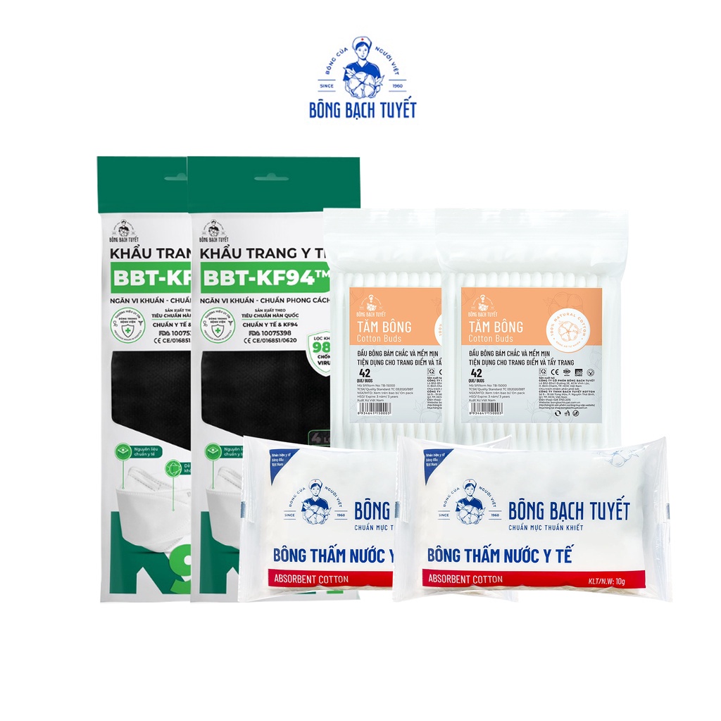 Combo 6 món Bông Bạch Tuyết: 2 Combo ( KF94 gói + Bông y tế 5G + Tăm bông NL )